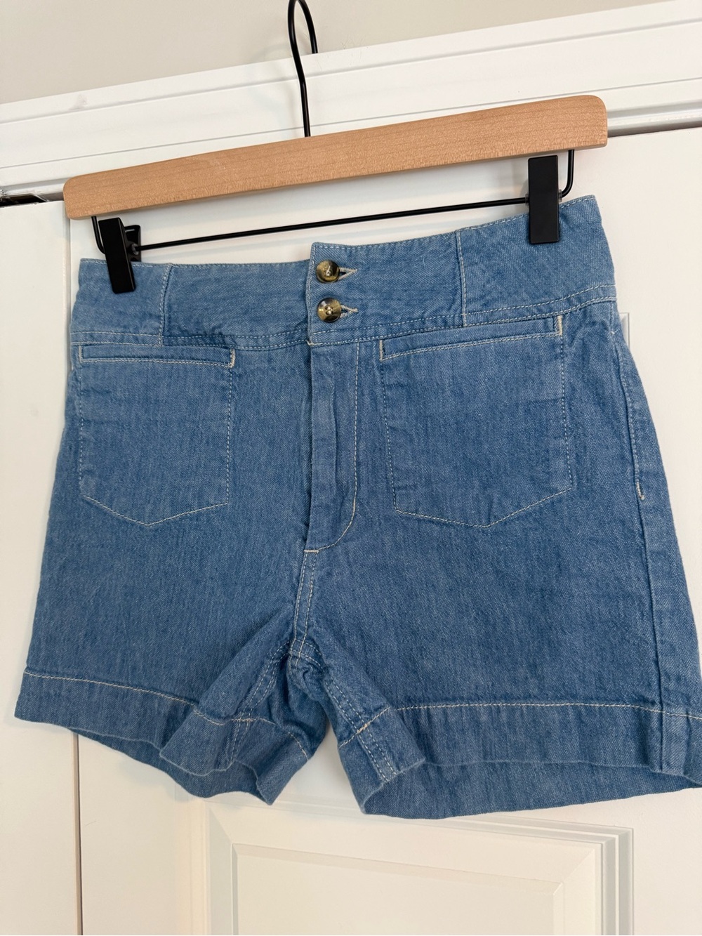 Anthropologie Light Blue High-Rise Denim Shorts with Double Button - Picture 4 of 7